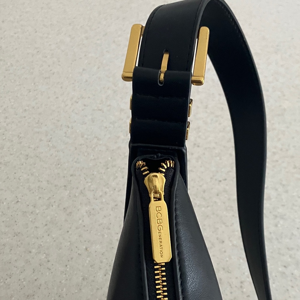 BCBG Black Vegan Leather Crescent Bag with Gold Details Bag Asymmetrical Design - Picture 6 of 13